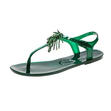 Imagem de Sandálias femininas respiráveis de bico aberto sandália dedo redondo com contas sandálias de primavera franja plana verão praia e chinelo (verde, 35-7)