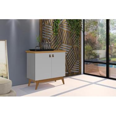 Imagem de Buffet/Balcão/Bancada/Aparador ABS Estilo Retrô Com Pés em Madeira e Puxadores em Couro 2 Portas Com Prateleira Interna Cor Cinza/Nature