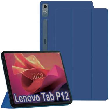 Imagem de ZOOMALL Capa compatível com Lenovo Tab P12 (12,7 polegadas) 2023 Tablet Slim Tri-fold Stand Soft TPU Back Shell Auto Wake/Sleep Anti-Drop Cover, azul-marinho