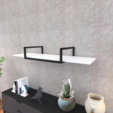 Imagem de Prateleira Industrial Suspensa Estante Parede Nicho Branca Ferro E Madeira Suporte Pratileira