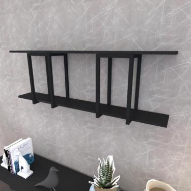 Imagem de Prateleira Industrial Suspensa Estante Parede Nicho Preto Ferro E Madeira Suporte Pratileira