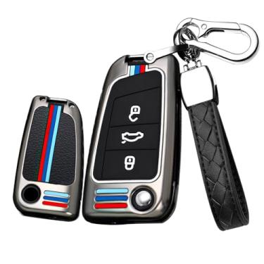 Imagem de HIBEYO Capa de chave flip para VW Golf 7 capa de chave de carro para Volkswagen Polo Tiguan MK7 sagitar T-ROC Lavida acessórios liga + TPU protetor duplo chave shell capa-B chaveiro preto