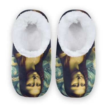 Imagem de CHIFIGNO Moon Base Sapatos masculinos para casa, chinelos masculinos tamanho 9, chinelos de casa para hóspedes M-XXL, Mona Lisa em Noite Estrelada Van Gogh, Large