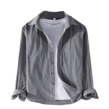 Imagem de Camisa masculina de manga longa outono casual casual veludo cotelê lapela listrada versátil blusa solta camisas simples, Cinza, P
