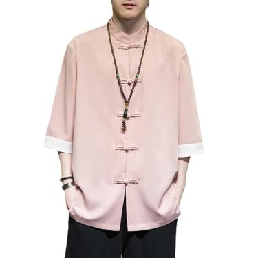 Imagem de Vestido tradicional chinês verão seda gelo manga curta camisa masculina roupas tai chi kung fu roupas tang terno casaco, Rosa, 3X-Large