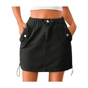 Imagem de Saia jeans feminina elástica casual cintura baixa botão cargo mini saia jeans, Preto, GG