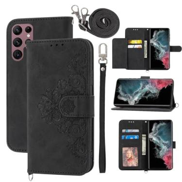 Imagem de Dswteny Capa carteira para Samsung Galaxy S24 Ultra 5G com alça de pulso, alça de ombro transversal, couro PU em relevo, capa fina para celular S24Ultra 24S S 24 24Ultra, mulheres e meninas, preta