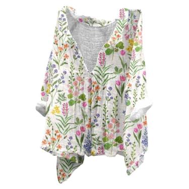 Imagem de Camisetas femininas de linho com estampa floral, túnica de gola redonda, manga curta, solta, casual, para sair, Rosa choque, 4XG