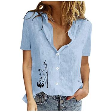 Imagem de Camisetas femininas de linho de algodão de manga curta casual com colarinho de botão e gola V blusas casuais, Azul, P