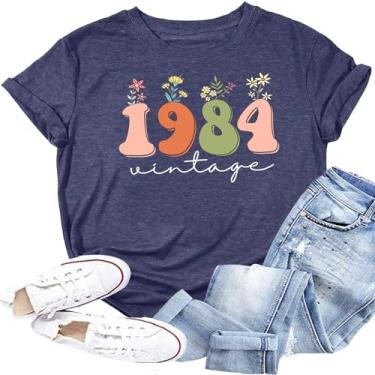 Imagem de Camiseta feminina vintage 1974 1984 com estampa de flores silvestres 40º 50º aniversário 40 50 anos camiseta casual, Azul, GG