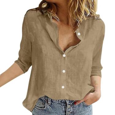 Imagem de Camiseta feminina de linho, gola V, abotoada, cor sólida, manga comprida, casual, túnica grande, Caqui, M