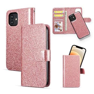 Imagem de QLTYPRI Capa para iPhone 12 Mini Premium PU Borracha Silicone Suporte para Cartão Suporte Oculto Magnético Destacável Capa Carteira para iPhone 12 Mini (5,4 polegadas) - Ouro Rosa