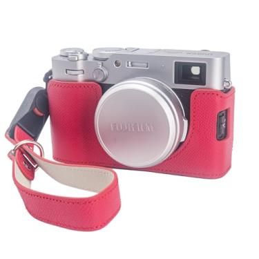 Imagem de Capa para câmera X100VI, capa Bowan feita à mão de couro genuíno para câmera Fujifilm Fuji X100VI X100VI versão com abertura inferior + alça de mão (rosa vermelha)