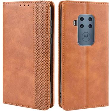 Imagem de Capa para Motorola One Zoom, capa carteira retrô de couro PU à prova de choque com suporte para cartão e fecho magnético para Motorola Moto One Zoom (marrom)