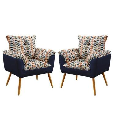 Imagem de Kit 2 Poltronas Almofadadas Opala Sued Estampado Laranja com Azul Mari