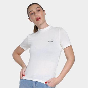 Imagem de Camiseta Manga Curta Calvin Klein Gola Alta Feminina, Branco, G