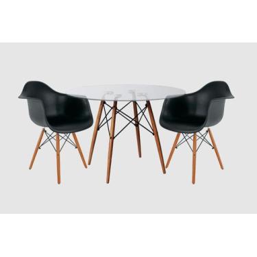 Imagem de Conjunto De Mesa 2 Poltronas Pretas Eames 90 Cm Base Madeira Tampo de 
