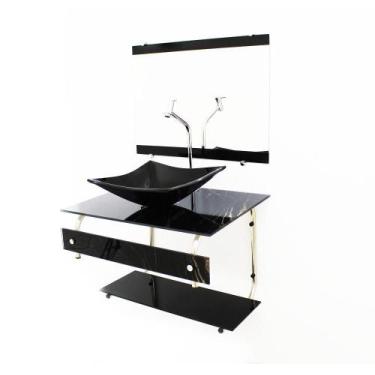 Imagem de Kit Gabinete 60Cm Cuba Quadrada Mármore Preto + Torneira - Cubas E Gab