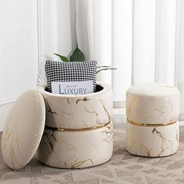 Imagem de Furnimart Banqueta de armazenamento redonda de veludo bronzeador 38,7 cm L com 40,6 cm de altura, pacote com 2 (cáqui)