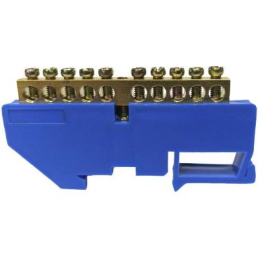 Imagem de Barramento Neutro para Trilho Din 10 Furos Azul Terminal Barra Painel 