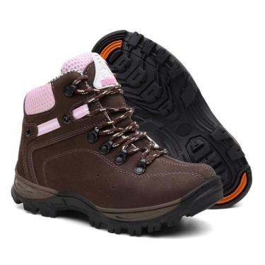 Imagem de Bota Feminina Adventure Coturno Couro Legítimo Trilha, Marrom, Rosa, 3