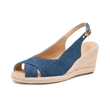 Imagem de Alexis Leroy Sandália feminina com salto cunha com recorte na gáspea, peep toe, Azul cruzado, 35