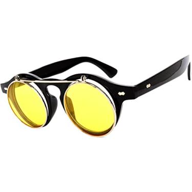 Imagem de OWL Óculos de sol Steampunk vintage retrô redondo gótico hippie armação de plástico colorido lentes coloridas, Flipup/amarelo