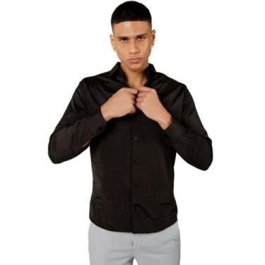 Imagem de Camisa Social Slim 100% Algodão Masculina - FUSION MODAS , Preto, G