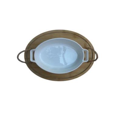 Imagem de Bandeja Bambu Alça Corda E Travessa De Porcelana Refrataria - Hauscraf