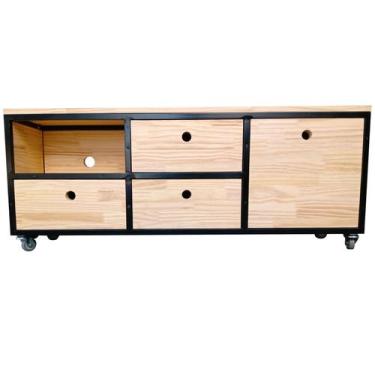 Imagem de Rack Estilo Industrial de Ferro e Madeira - Com 4 Rodízios, 4 Gavetas 