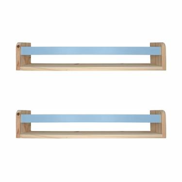 Imagem de KIAGA, Kit 2 Prateleiras Porta Livros em Madeira Pinus Natural Com Cerquinha Colorida Cor:Cerquinha Azul Candy;Tamanho:12x60