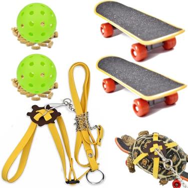 Imagem de Conjunto de brinquedos de brincar e treinar tartarugas, 1 coleira ajustável para tartaruga, 2 skates de répteis, 2 bolas de petisco, acessório de skate rápido para tartarugas, mini skates de caminhada