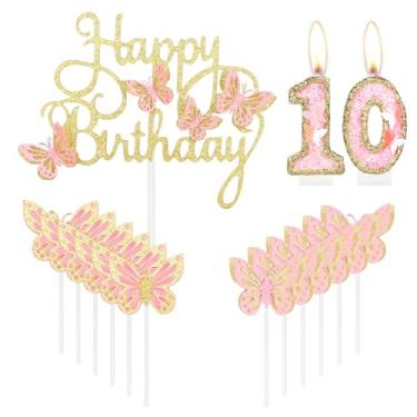 Imagem de iNINGER Velas de aniversário, vela número 10, decorações de aniversário de 10 anos de borboleta para mulheres/meninas, vela de cupcake para festa, vela numeral de lantejoulas rosa dourada, enfeite de