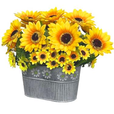 Imagem de CANCLEAR Arranjo de girassol artificial em cesta de metal – Planta de girassol falso realista com folhas de eucalipto e mini flores, decoração de mesa de flores artificiais, 28 cm de altura