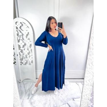 Imagem de Vestido gola V manga longa com bolço e fenda lateral  - Mk Modas, Azul