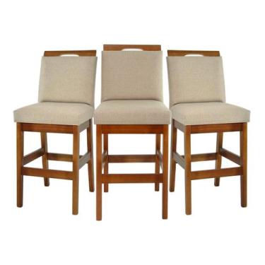Imagem de Kit 3 Banquetas 60cm Para Cozinha De Madeira Maciça Estofada Com Encos