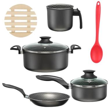 Imagem de Jogo de Panelas 04 Peças Antiaderentes C/Tampas de Vidro + 04 Descansos Redondos + Colher de Silicone Vermelha