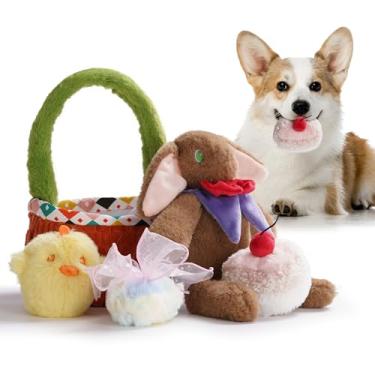 Imagem de Nocciola Pacote com 5 brinquedos para cães de Páscoa com uma cesta – Brinquedos de pelúcia duráveis para raças pequenas, médias e grandes, presente de Páscoa com ovo de Páscoa, coelho, pintinho e bolo