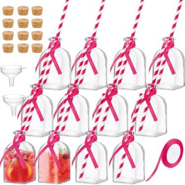 Imagem de Baderke 12 garrafas de 118 ml com cortiça e palha, mini garrafa de vidro vazia para bebidas garrafas de licor reutilizáveis com fita de seda e funis para coquetéis, festas de casamento (rosa vermelha)