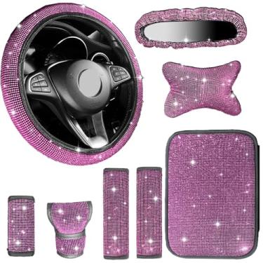 Imagem de MINGZAIQIPEI Conjunto de 8 peças de acessórios de carro brilhantes, capa de volante de 38 cm, decoração universal para mulheres, capa de espelho retrovisor brilhante, encosto de cabeça de carro