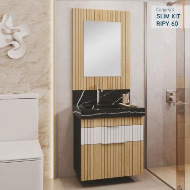 Imagem de Conjunto para Banheiro MDP e Porcelanato 60cm Bumi Slim Ripy com Espelho e Cuba Esculpida