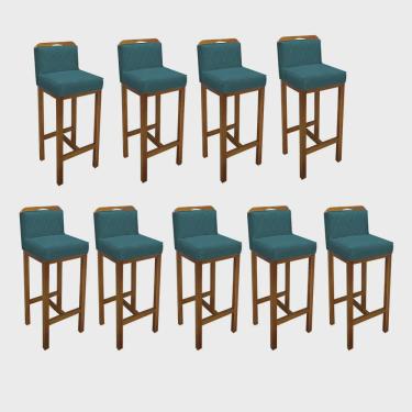 Imagem de Kit 09 Banqueta Alta Com Encosto Simon Cozinha Balcão Bistrô Base Madeira Rústico Suede Azul Turquesa - Ahz Móveis