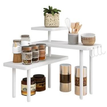 Imagem de IBUYKE Organizador de bancada, prateleiras de temperos de 3 camadas, prateleira de canto de balcão de cozinha, 4 ganchos laterais, prateleira de bancada ajustável para cozinha, banheiro, cafeteria