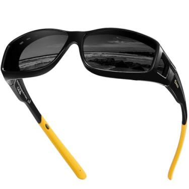 Imagem de DUCO Óculos de sol Fit Over para homens e mulheres, lentes polarizadas com proteção UV400, óculos de sol grandes DC8968, Armação preta, lente cinza têmpora amarela, common