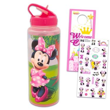 Imagem de Disney Conjunto de garrafa de água reutilizável Minnie Mouse com bico para casa, escola, adesivo esportivo e muito mais | Recipiente Minnie Mouse