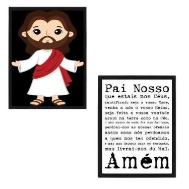Imagem de Kit 2 Quadros Infantis Oração Pai Nosso 33X24 Madeira Preta - Quadros 