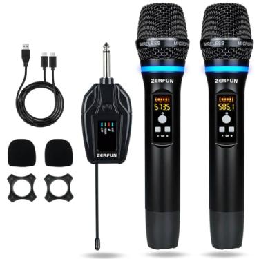 Imagem de ZERFUN Microfones duplos sem fio recarregáveis, sistema de microfone sem fio de metal UHF profissional com corte vocal, controle de canal para eventos de igreja de canto de karaokê