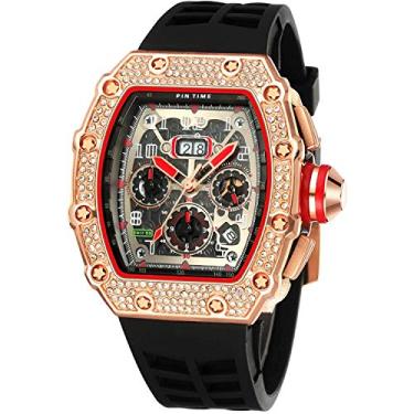 Imagem de Relógios masculinos de luxo Tonneau com diamantes para homens, relógio analógico, cronógrafo, data, vestido masculino de negócios, trabalho, relógio de pulso grande retangular com pulseira de silicone, Preto, ouro rosa