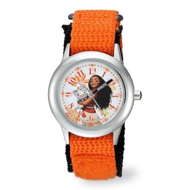 Imagem de DISNEY Moana Relógio analógico de quartzo de aço inoxidável com pulseira de nylon, laranja, 16 (modelo: WDS000035)