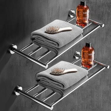 Imagem de Toalheiro de banheiro de 50 cm, toalheiro estilo hotel para banheiro montado na parede, toalheiro moderno, prateleiras de toalha de 2 camadas, cromado polido